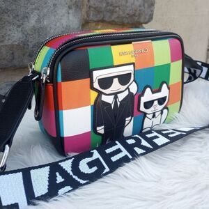 NWT Rare KARL LAGERFELD Cat Maybelle Camera Multi Color Crossbody Bag Gift  Box